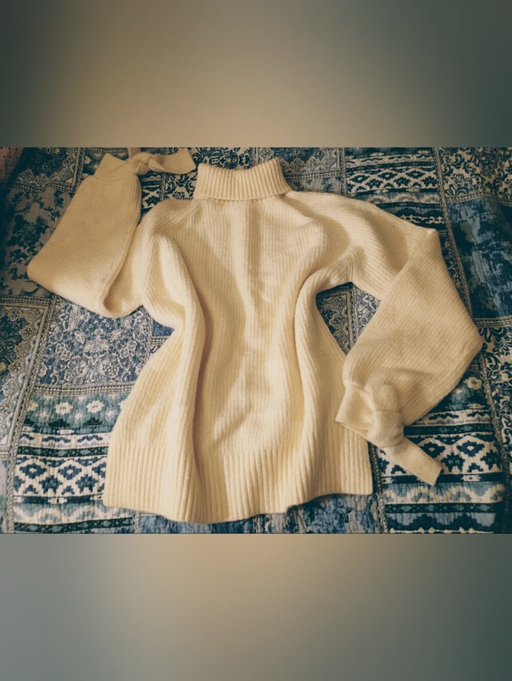 Boho Chunky Cream Bow Tie Sleeves Ribbed Turtleneck Sweater Oversized Women's